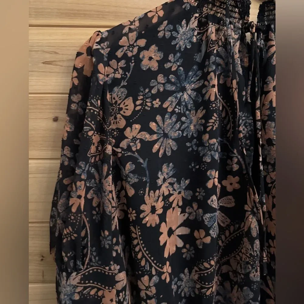 Free People Sz XSmall Clarissa Floral Printed Puff Sleeve Cropped Blouse Revolve